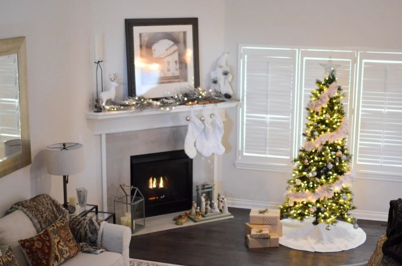 tree near fireplace in the white room